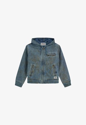 Denim hooded jacket in faded blue with a front zipper, two side pockets, and a chest pocket. Features ribbed cuffs and hem.