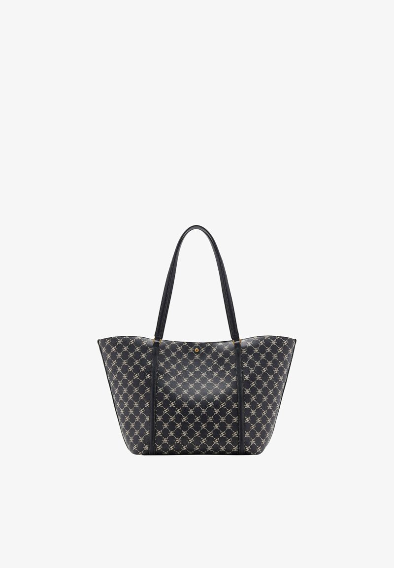 Sac fourre-tout noir avec des côtés inclinés, présentant un motif répétitif de maillons de chaîne clairs et des poignées doubles fines.