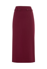 Gonna a tubino color bordeaux con una silhouette aderente, passanti per cintura e due bottoni decorativi in vita, realizzata in un tessuto morbido ed elasticizzato.