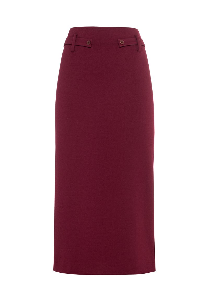 Gonna a tubino color bordeaux con una silhouette aderente, passanti per cintura e due bottoni decorativi in vita, realizzata in un tessuto morbido ed elasticizzato.
