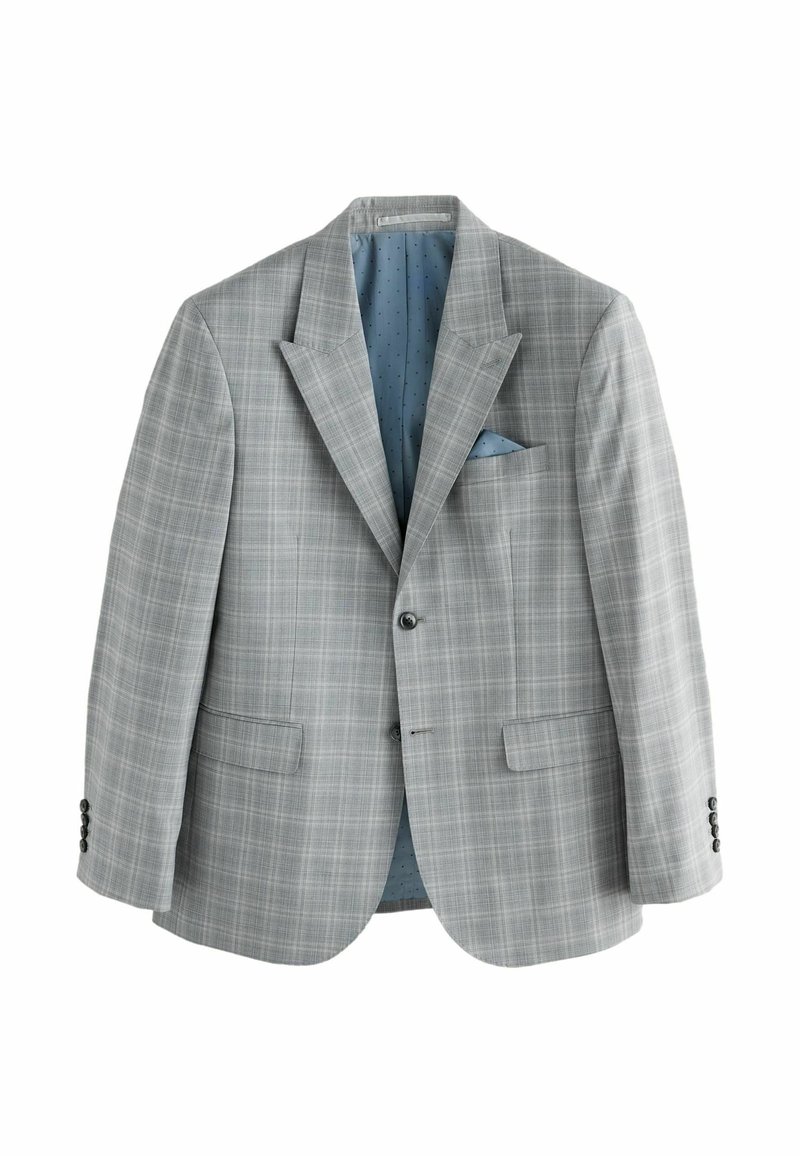 Grau kariertes Blazer mit strukturierten Revers, zwei frontalen Taschen und einem hellblauen gepunkteten Futter. Mit schwarzem Knopfverschluss und Knöpfen an den Ärmeln.