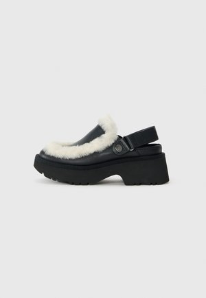 Black leather clog with thick sole, white fur trim around the upper, and an adjustable back strap with a button detail.
