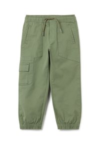 Olivgrüne Cargo-Hosen mit elastischem Bund, Kordelzug, Seitentaschen und elastischen Bündchen. Hergestellt aus robustem Baumwollstoff mit glatter Textur.