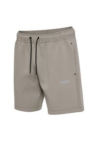 Hellgraue Sportsshorts aus weichem Stoff mit elastischem Bund und Kordelzug, Seitentaschen und dezentem Markenlogo-Druck.