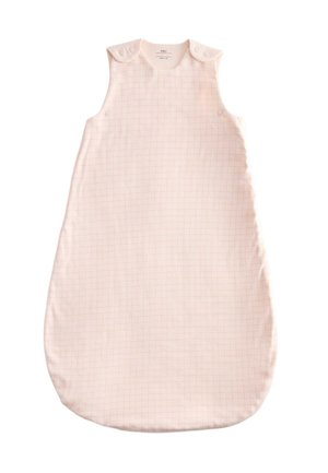 Sacco nanna per neonato rosa pallido con delicato motivo a griglia rossa, design senza maniche e bottoni automatici sulle spalline e sui lati.