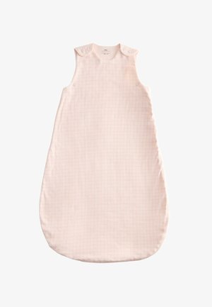 Lyserød sovepose til baby med subtilt rødt ternmønster, ærmeløs design og trykknapper på skulderstropper og sider.