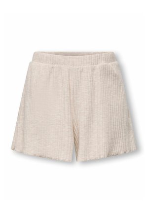 Pantaloncini in tessuto beige a coste con vita elastica, vestibilità ampia e lunghezza a metà coscia, mostrati su sfondo bianco.