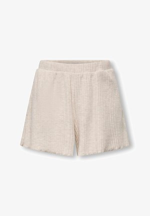 Pantaloncini in tessuto beige a coste con vita elastica, vestibilità ampia e lunghezza a metà coscia, mostrati su sfondo bianco.