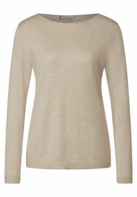 Beige long-sleeve sweater made from soft knit material. Features a round neck, ribbed cuffs, and a straight bottom hem with a subtle texture.
