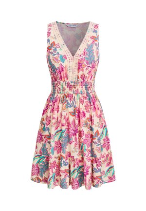 Ärmelloses V-Ausschnitt-Kleid mit elastischem Taillenbund, mit rosa, orangefarbenen und türkisfarbenen Blumenmustern auf einem hellbeigen Hintergrund.