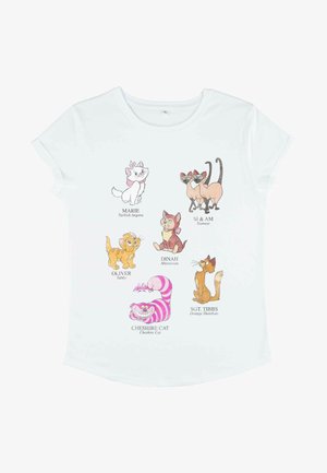 Weißes T-Shirt mit sechs Cartoon-Katzen in verschiedenen Farben und Designs. Kurze Ärmel und runder Ausschnitt. Bedruckte Grafiken mit Namen unter jedem Charakter.