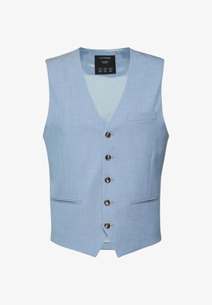 Jasnoniebieska męska kamizelka na miarę z pięcioma brązowymi guzikami, dwoma bocznymi kieszeniami i jedną kieszenią na piersi, bez rękawów z dekoltem w serek.
