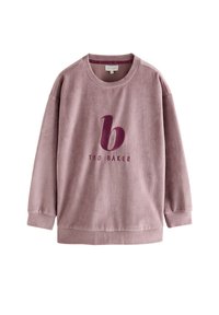 Felpa rosa in velluto a coste con texture a costine, decorata con una 'b' ricamata e il nome del marchio "TED BAKER" in viola a contrasto. Girocollo.