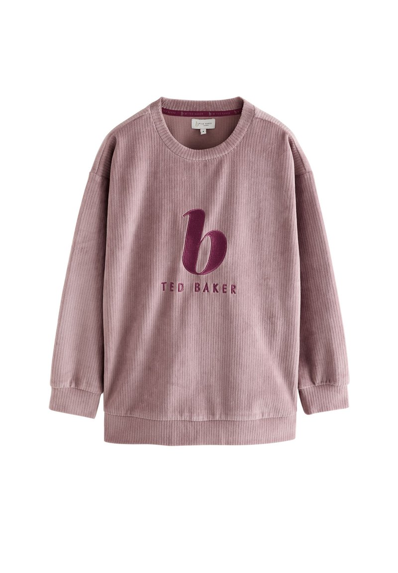 Felpa rosa in velluto a coste con texture a costine, decorata con una 'b' ricamata e il nome del marchio "TED BAKER" in viola a contrasto. Girocollo.