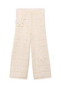 Krämfärgade virkad byxor med horisontella ränder, som har två dekorativa blommor applikationer fram. Mjuk textur och vida ben.