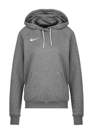 Szara bluza z kapturem z przednią kieszenią, białymi troczkami i białym logo Nike Swoosh na lewej piersi.