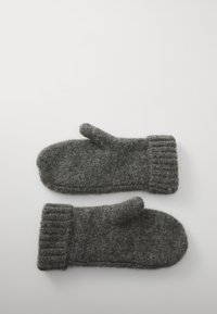 Gray wool mittens with ribbed cuffs. The texture appears soft and thick, featuring a simple, classic design with a rounded shape.