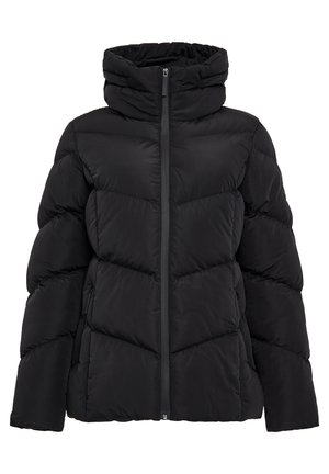 Giacca a vento nera con colletto alto, chiusura con zip e motivo trapuntato orizzontale. Presenta tasche laterali e una texture liscia e opaca.