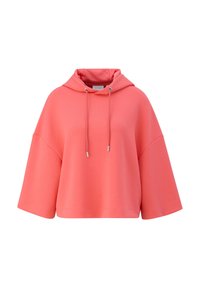 Koralowy różowy hoodie z luźnym krojem, szerokimi rękawami, regulowanym sznurkiem i gładką teksturą. Brak widocznych wzorów lub grafik.