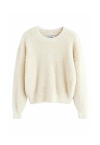Cremefarvet sweater lavet af et tekstureret, fluffy materiale. Har en rund halsudskæring og lange ærmer med elastiske manchetter.