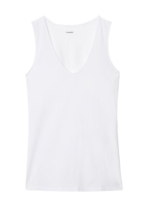 Bílý top bez rukávů s hlubokým výstřihem ve tvaru V, vyrobený z hladké látky. Má rovný lem a minimalistický design, bez vzorů či akcentů.