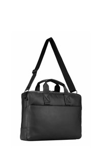 Schwarze Laptoptasche aus Leder mit zwei oberen Griffen, einem verstellbaren Schultergurt und einer vorderen Reißverschlusstasche. Glatte Textur und minimalistisches Design.