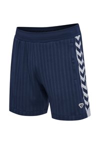 Granatowe szorty sportowe z pionowymi paskami, elastycznym pasem, bocznymi kieszeniami i białym wzorem w jodełkę wzdłuż zewnętrznych szwów.