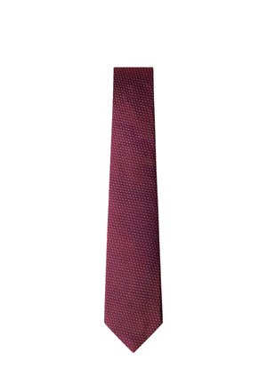 Corbata marrón granate con patrón pequeño de rombos blancos y azules, mostrada sobre un fondo blanco.