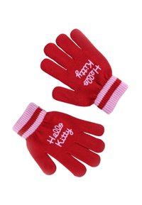 Rode gebreide handschoenen met roze boorden. Bevat de tekst "Hello Kitty" in het roze op de achterkant. De handschoenen hebben een klassiek ontwerp met vijf vingers.
