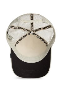 Beige mesh trucker hat with a black brim. Inside shows a cross pattern with "GOORIN" branding in dark brown on light beige.