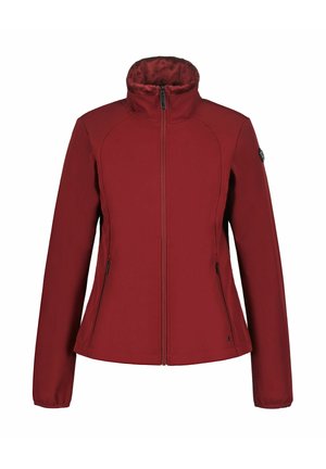 Chaqueta roja con cremallera, cuello alto forrado con tela suave, mangas largas, bolsillos laterales con cremallera y cintura ajustada.