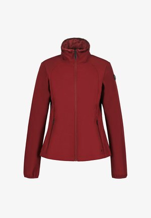 Rote Reißverschlussjacke mit hohem Kragen, gefüttert mit weichem Stoff, langen Ärmeln, seitlichen Reißverschlusstaschen und taillierter Passform.
