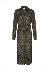 Abito camicia con stampa leopardata in tonalità di marrone e nero, realizzato in tessuto leggero, con cintura in vita e maniche lunghe.