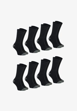 Chaussettes noires en paquet de six. Texture côtelée, longueur mi-mollet, avec des orteils et des talons renforcés gris. Design classique adapté à un usage quotidien.