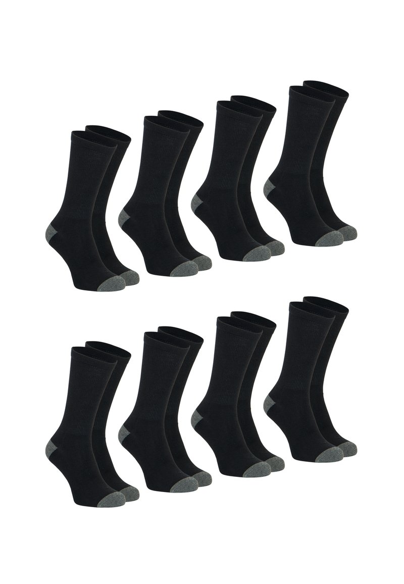 Chaussettes noires en paquet de six. Texture côtelée, longueur mi-mollet, avec des orteils et des talons renforcés gris. Design classique adapté à un usage quotidien.