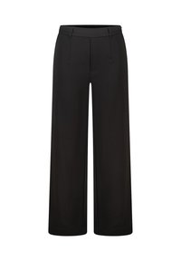 Pantalons noirs taille haute à jambe large avec passants de ceinture et poches avant, conçus pour un ajustement décontracté et formel.