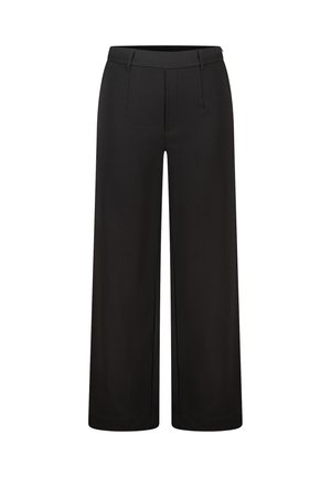 Zwarte hoge taille wijde broek met riemlussen en voorzakken, ontworpen voor een ontspannen, formele pasvorm.