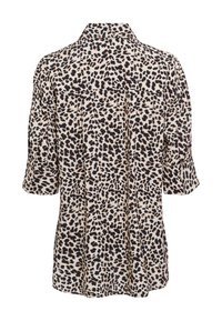 Leopard print shirt with a collar, three-quarter sleeves, and a loose fit. Made from lightweight fabric in beige, black, and brown colors.