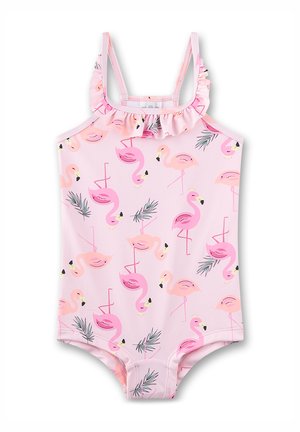 Costume da bagno rosa per bambini piccoli con scollatura arricciata, caratterizzato da un motivo di fenicotteri in piedi e curvi con foglie di palma verdi.