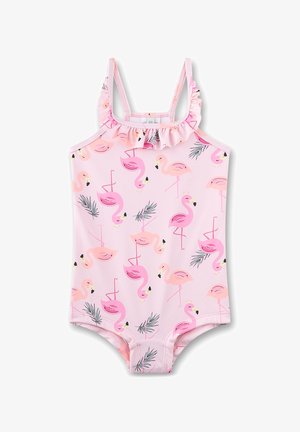 Maillot de bain rose pour tout-petit avec un col à volants, présentant un motif de flamants roses debout et courbés avec des feuilles de palmier vertes.