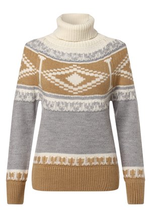 Pull à col roulé avec motifs géométriques beige, gris et blanc, poignets et ourlet côtelés.