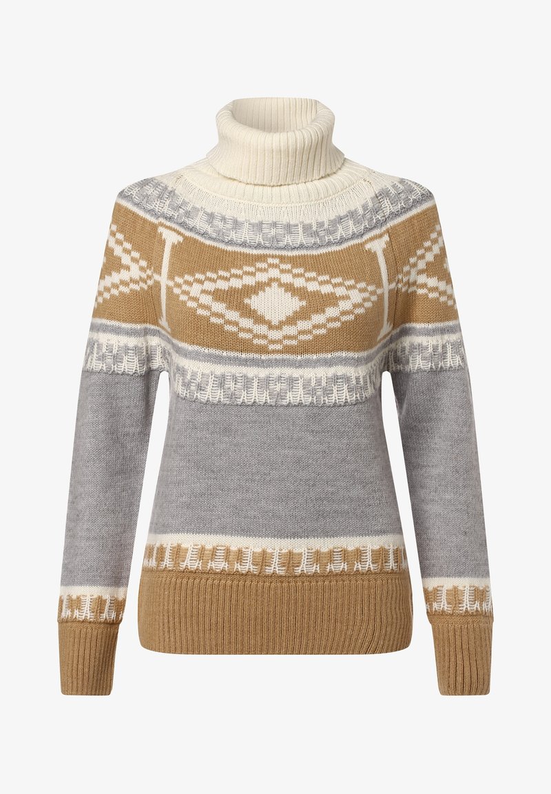 Pull à col roulé avec motifs géométriques beige, gris et blanc, poignets et ourlet côtelés.