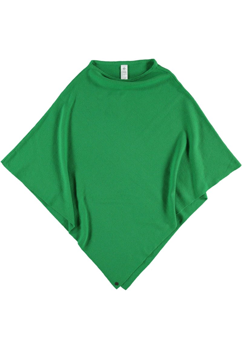 Roheline poncho, mis on valmistatud pehmest kangast, kõrge kaelusega, laia lõikega ja kolmnurkse kujuga. Sisaldab dekoratiivset aksessuari ääres.