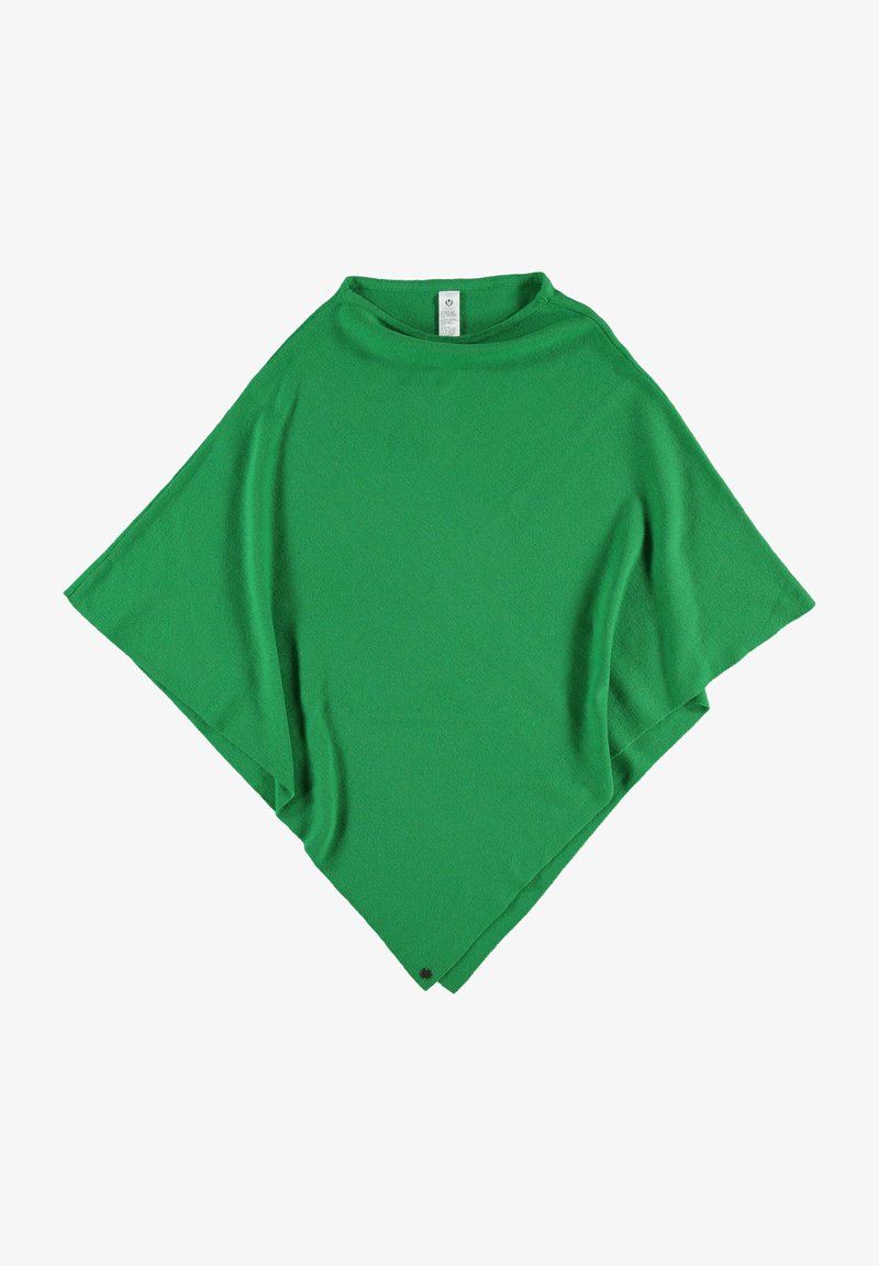 Roheline poncho, mis on valmistatud pehmest kangast, kõrge kaelusega, laia lõikega ja kolmnurkse kujuga. Sisaldab dekoratiivset aksessuari ääres.