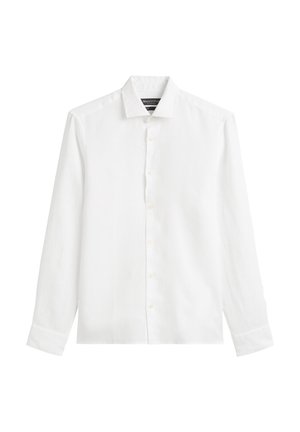 Witte lange mouwen shirt van linnen, met een klassieke kraag, knoopsluiting aan de voorkant en een ontspannen pasvorm. Glad textuur zonder patronen.