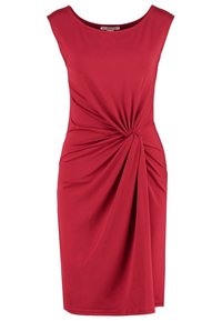 Röd ärmlös klänning med båtformad halsringning, som har en twist-detalj vid midjan och draperad tyg, tillverkad av mjukt, stretchigt material.