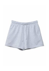 Lichtgrijze katoenen shorts met elastische tailleband, trekkoordsluiting en een eenvoudig ontwerp. Heeft een zachte textuur en geen zichtbare patronen.