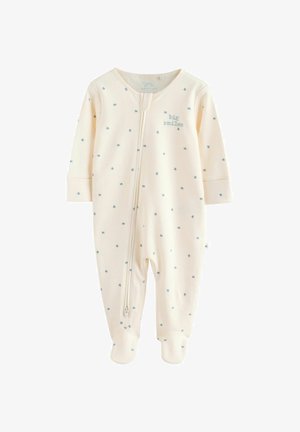 Kremast bodi za dojenčke z dolgimi rokavi, z sprednjim zadrgo, z vzorcem zvezd v svetlo modri barvi in zasnovo s stopali. Besedilo pravi "velike nasmehe."