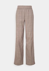 Wide-leg trousers in a tan and brown check pattern. Features a shirred elastic waistband and smooth texture. Suitable for casual wear.