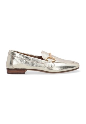 Metallisch goldene Loafer mit glatter Textur, ausgestattet mit einer dekorativen Schnalle und einem niedrigen Blockabsatz. Obermaterial aus Leder und strapazierfähige Sohle.
